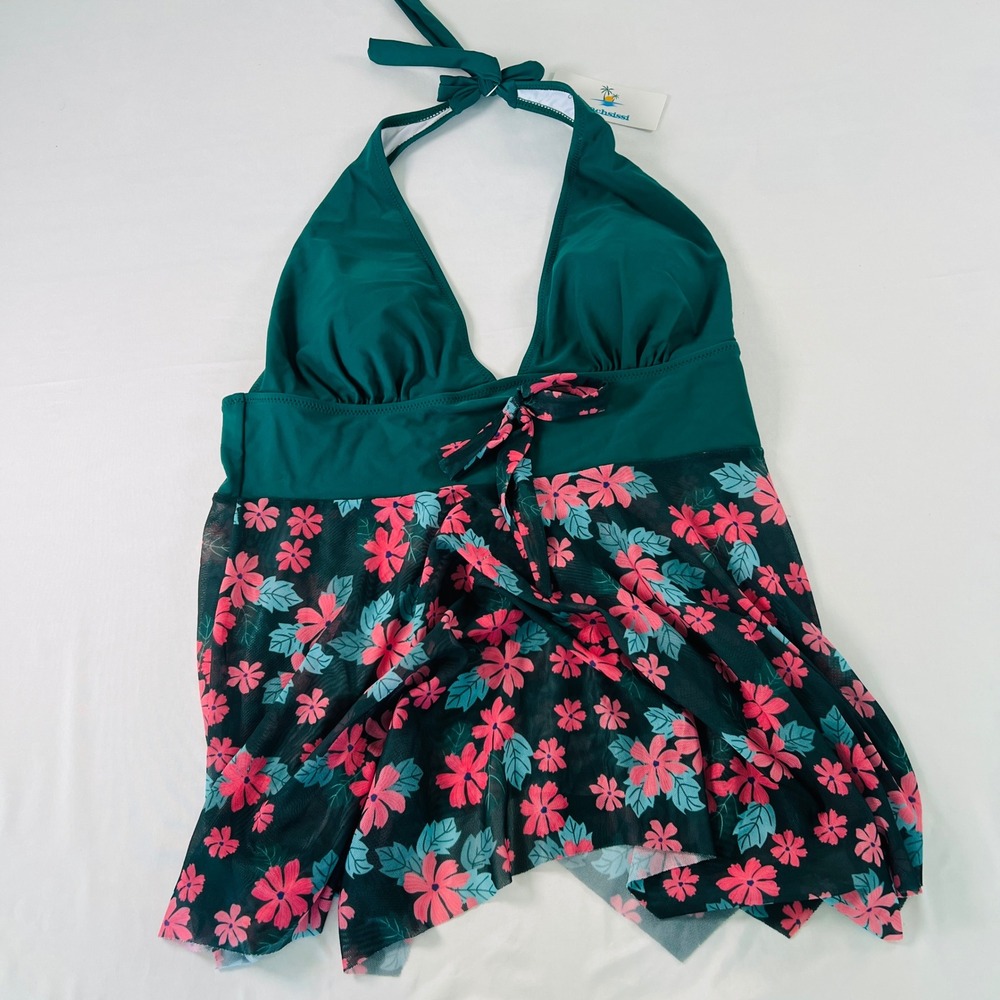 Beachsissi Womens Floral Halter Swim Tankini Dark Green Pink Mesh Size Large NWT